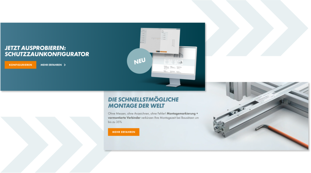 Screenshot eines Web-Banners mit der Überschrift "Jetzt ausprobieren: Schutzzaun-Konfigurator" und "Neu"-Sticker, daneben eine Detailansicht der Schnellmontage-Technologie.