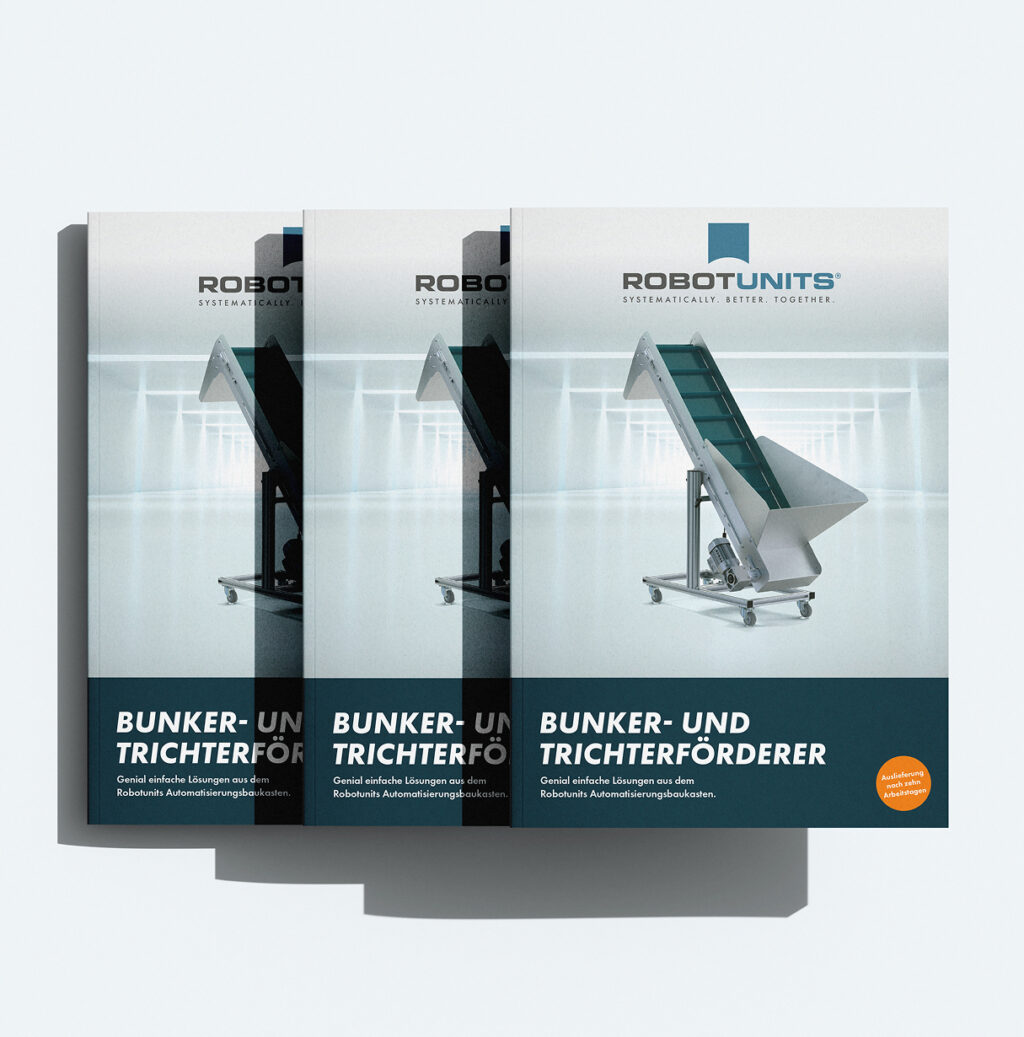 Geschlossene Broschüren von Robotunits mit dem Titel "BUNKER- UND TRICHTERFÖRDERER" in mehreren Exemplaren gestapelt.